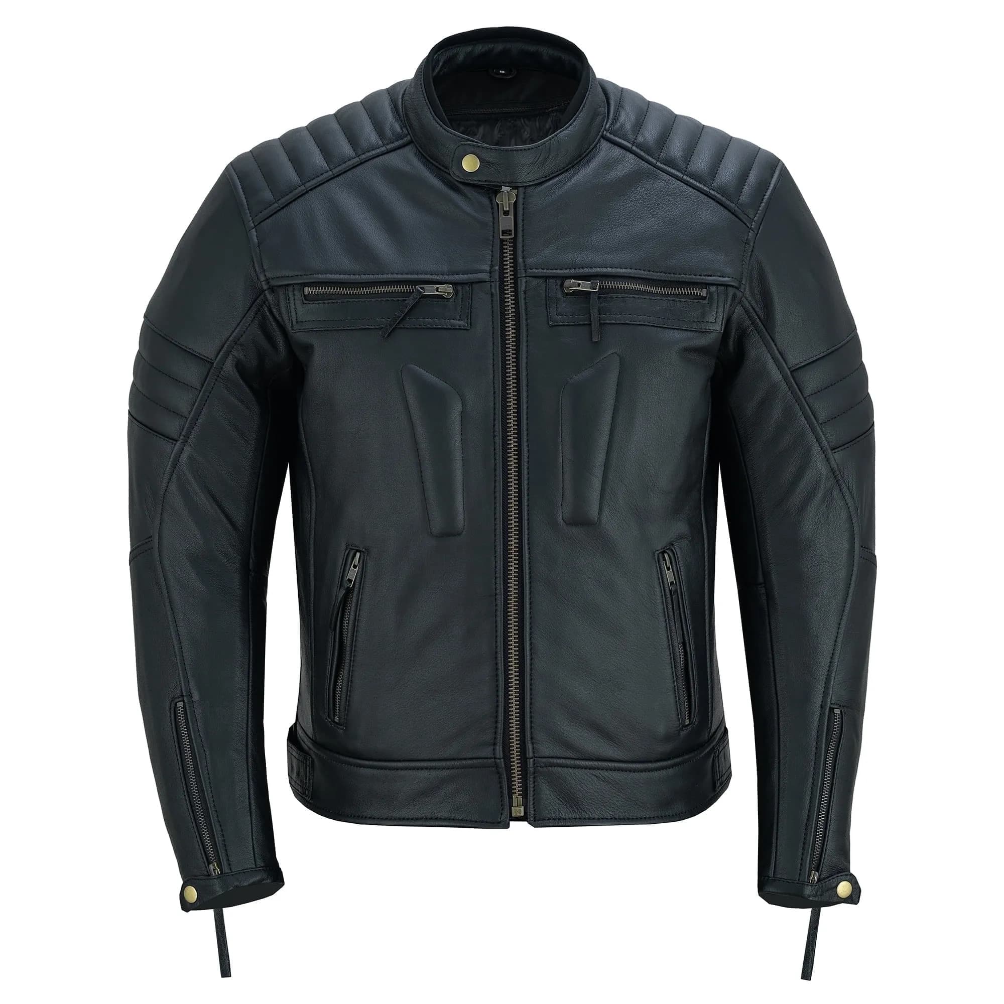 Chaqueta de Cuero para Motocicleta de Hombre, Desgastada, con Cierre, Chaquetas de Protección para Motocicleta, Negro Natural