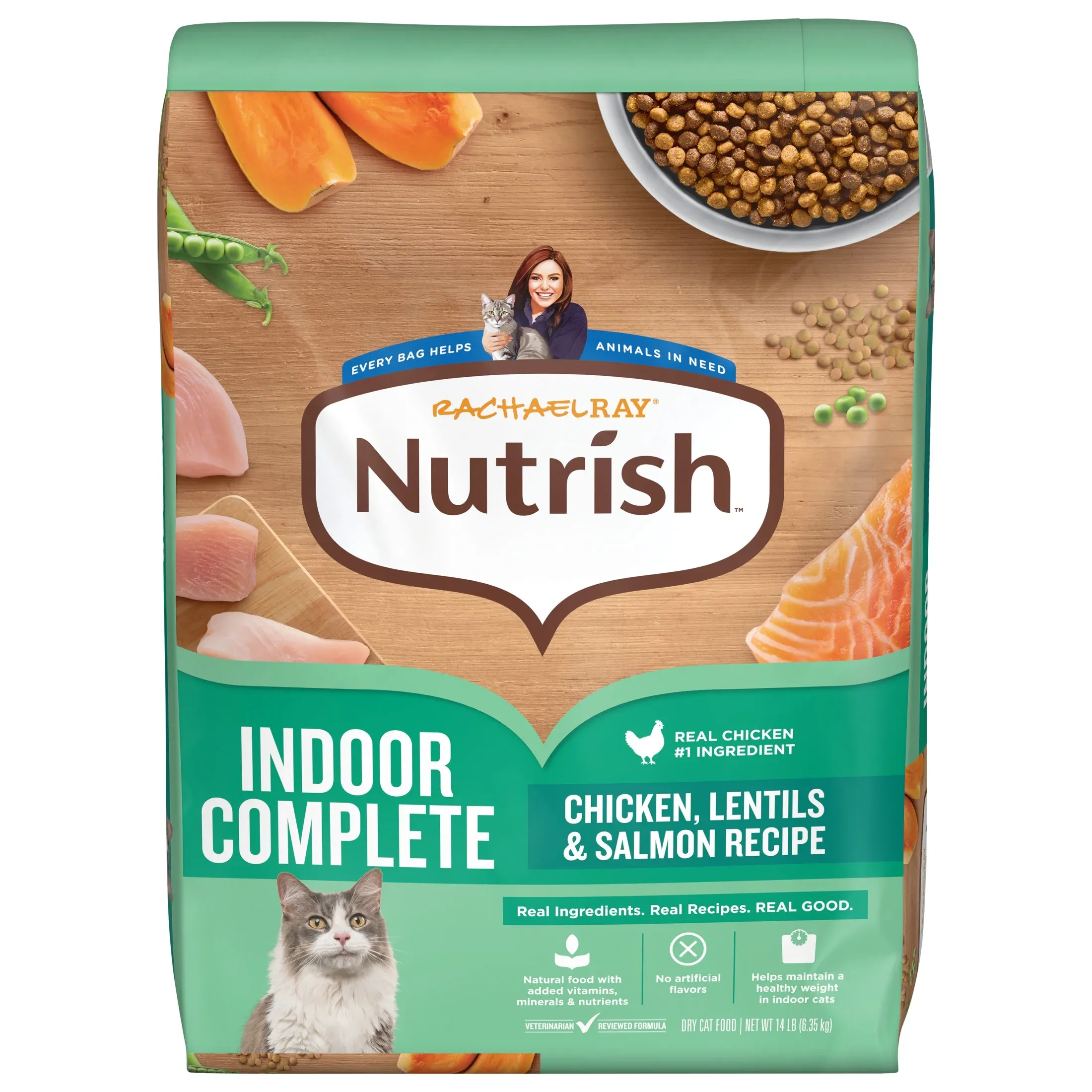Rachael Ray Nutrish Indoor Complete Dry Cat Food, Chicken, Lentils & Salmon Recipe, 14 Lb. Bag