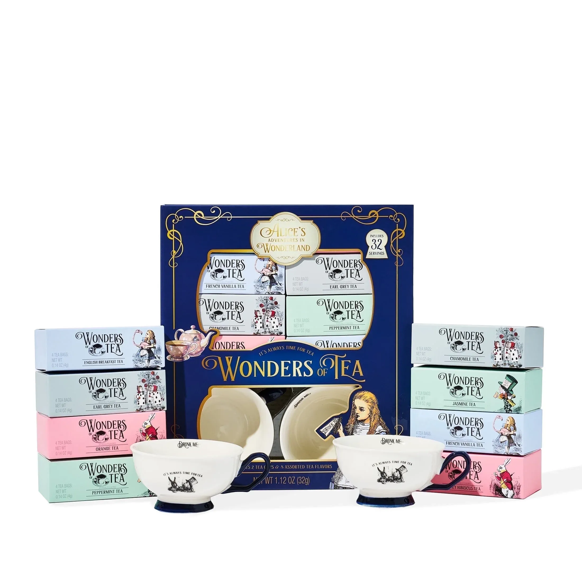 Thoughtfully Alice’s Adventures in Wonderland Tea Bags Gift Set with 2 Ceramic Cups, Herbal, Black, and Green Flavors, 34 Count