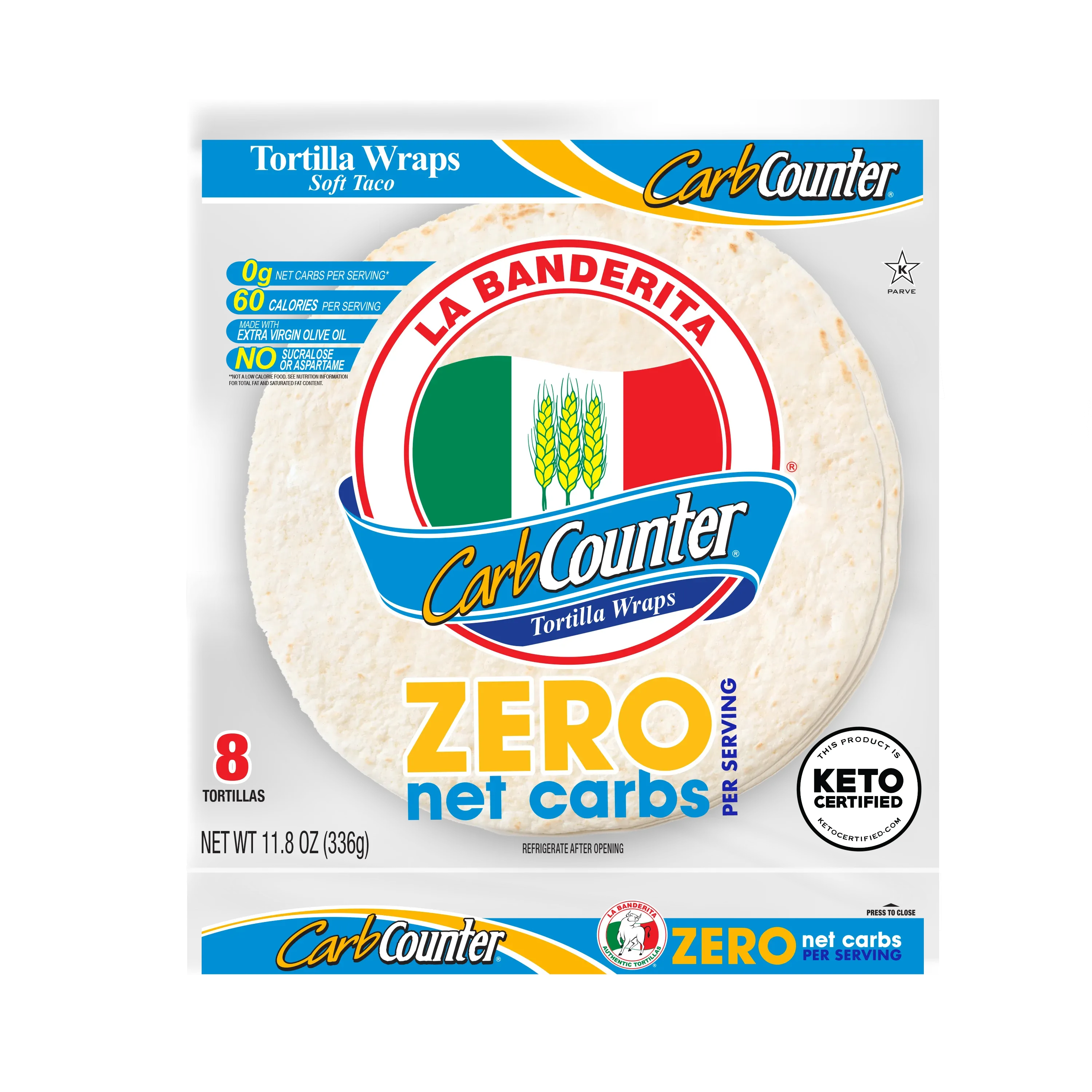 La Banderita Carb Counter Zero Net Carbs Soft Taco Flour Tortillas, 11.8 oz, 8 Count