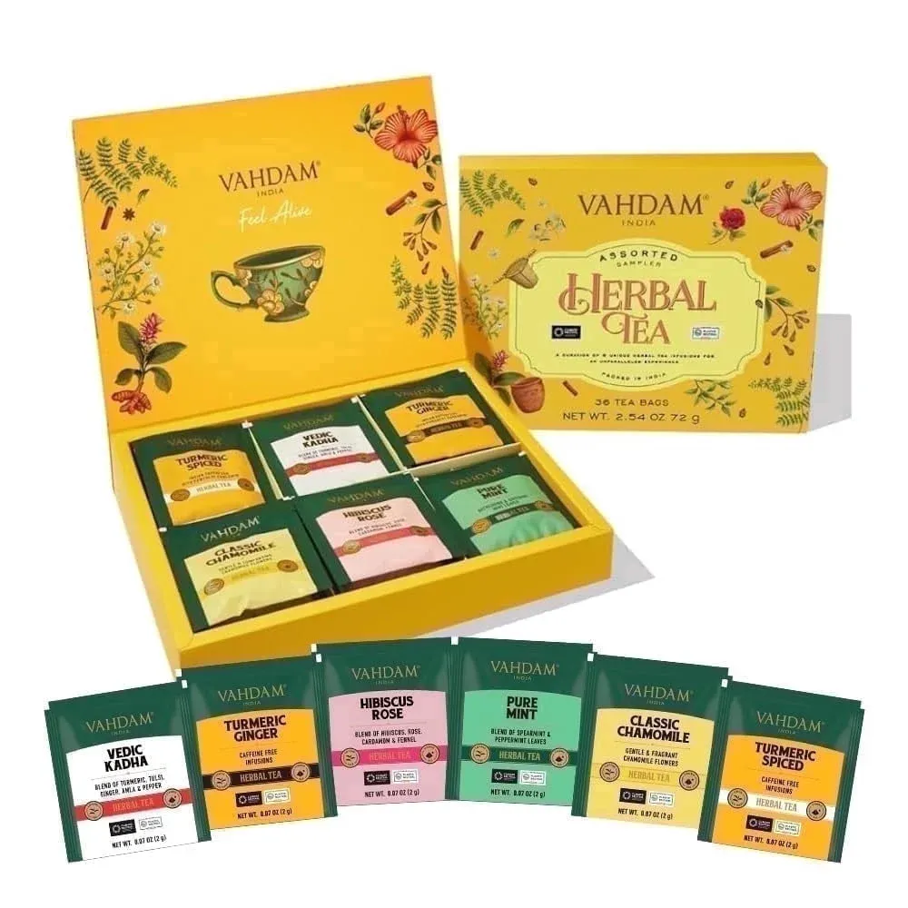 VAHDAM Assorted Herbal Tea Variety Pack, 36 Tea Bags (6 Flavors) | Caffeine-Free Herbal Sampler, Non-GMO, Gluten-Free Pyramid Bags, Gift Set for Men