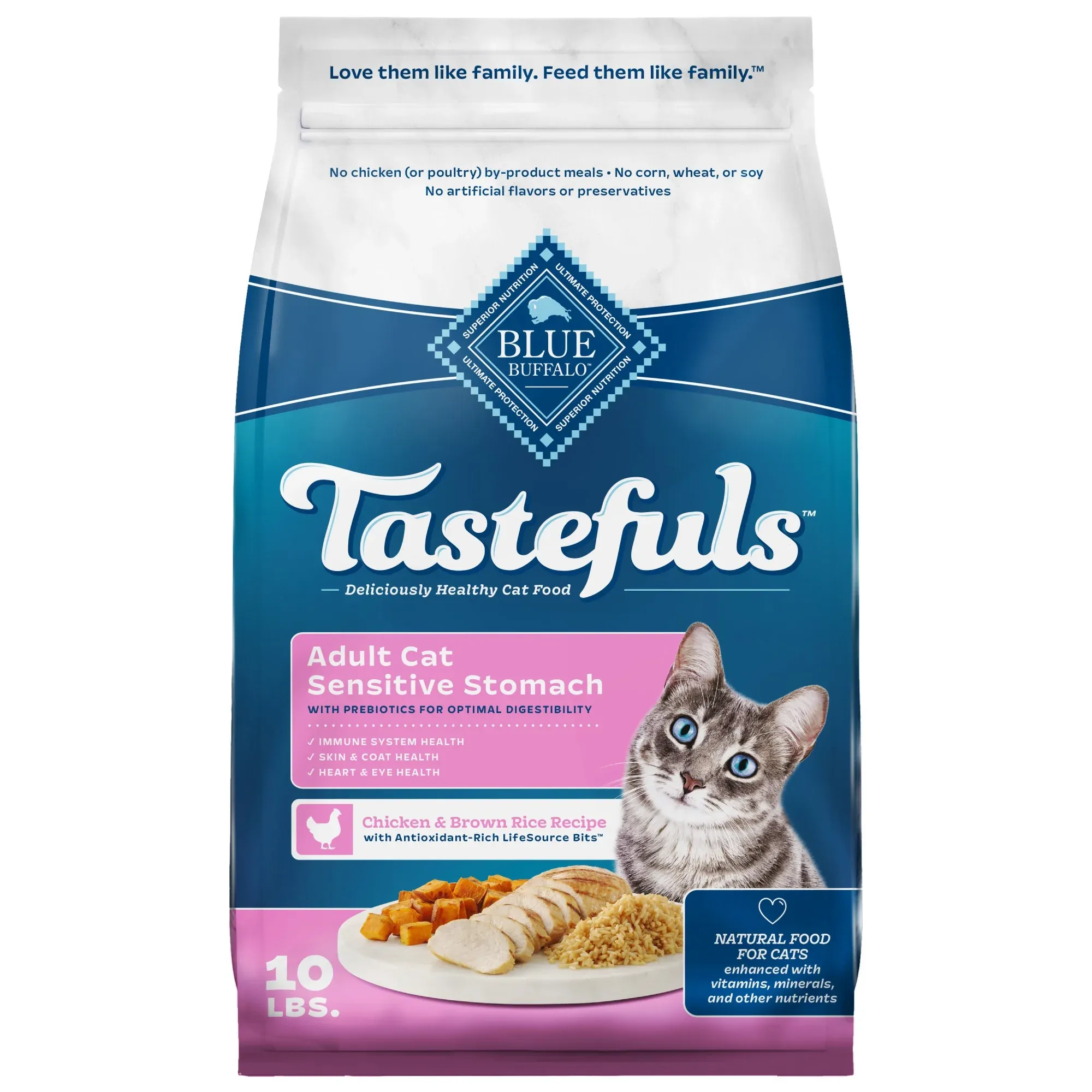 Blue Buffalo Tastefuls Dry Cat Food, Sensitive Stomach, Chicken and Brown Rice, 10-lb Bag