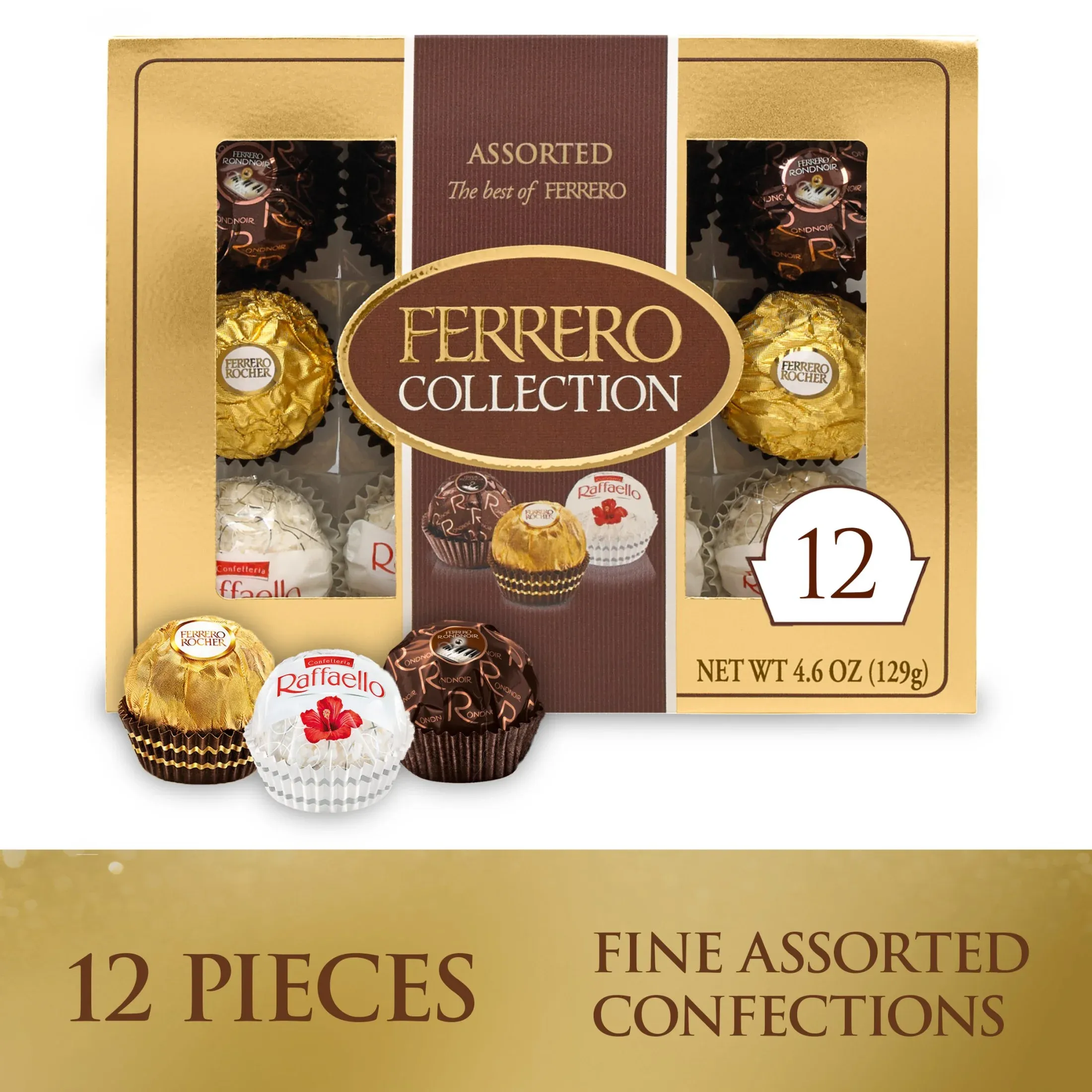Ferrero Collection Gourmet Gift Box, 12 Assorted Chocolate with Dark Chocolate, Coconut, and Milk Chocolate, 4.6 oz
