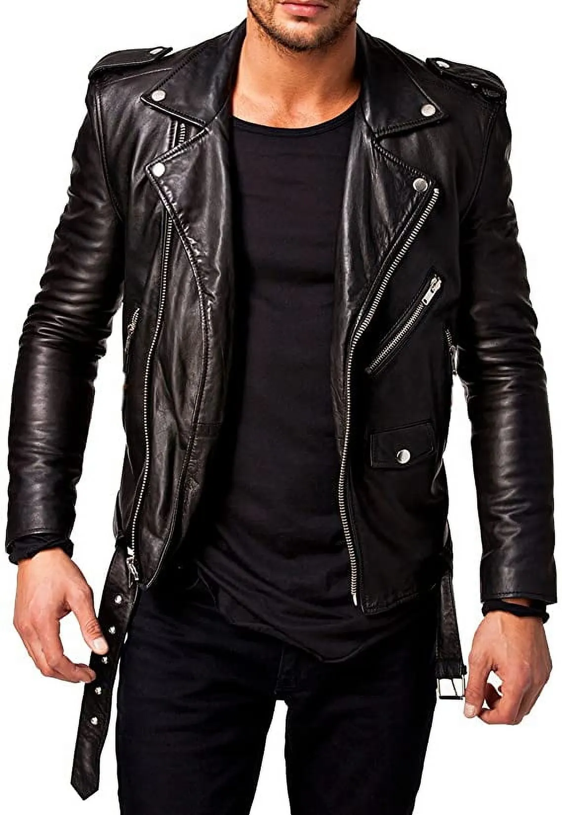 Men Pure Genuine Leather Jacket Lambskin Winter Vintage Motorcycle Biker Black XS