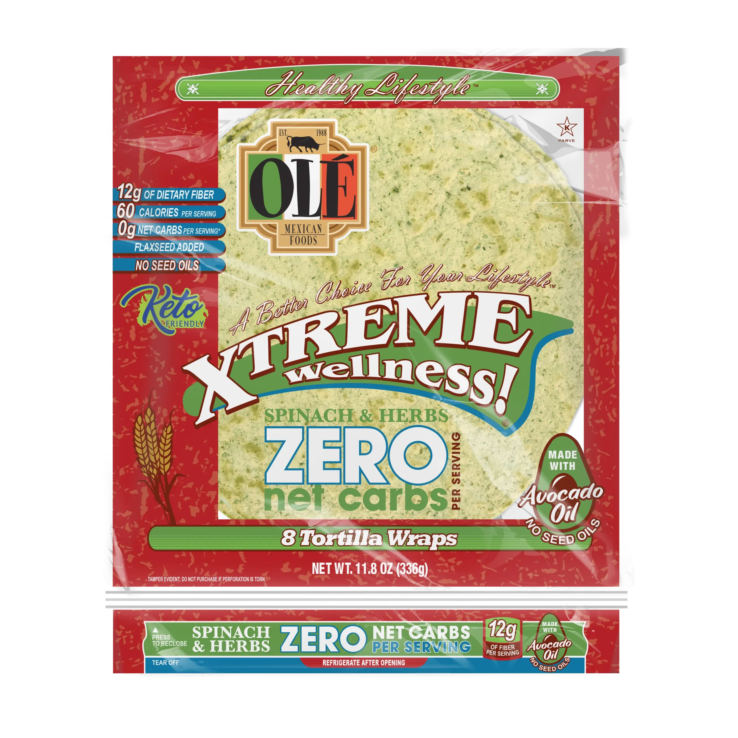 Ol Mexican Foods Xtreme Wellness Zero Net Carbs Spinach & Herbs Soft Taco Flour Tortillas, 11.8 oz, 8 Count