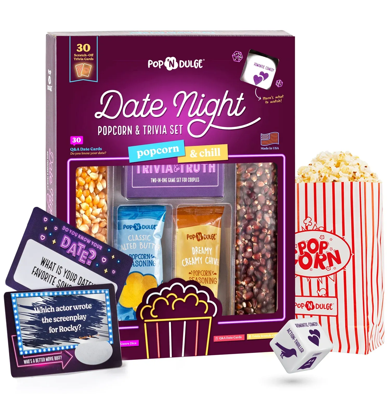 Date Night Scratch-Off Cards Movie Trivia Popcorn Gift Set - Ultimate Couple Games for Date Night at Home - Valentines Day Gifts For Her & Him