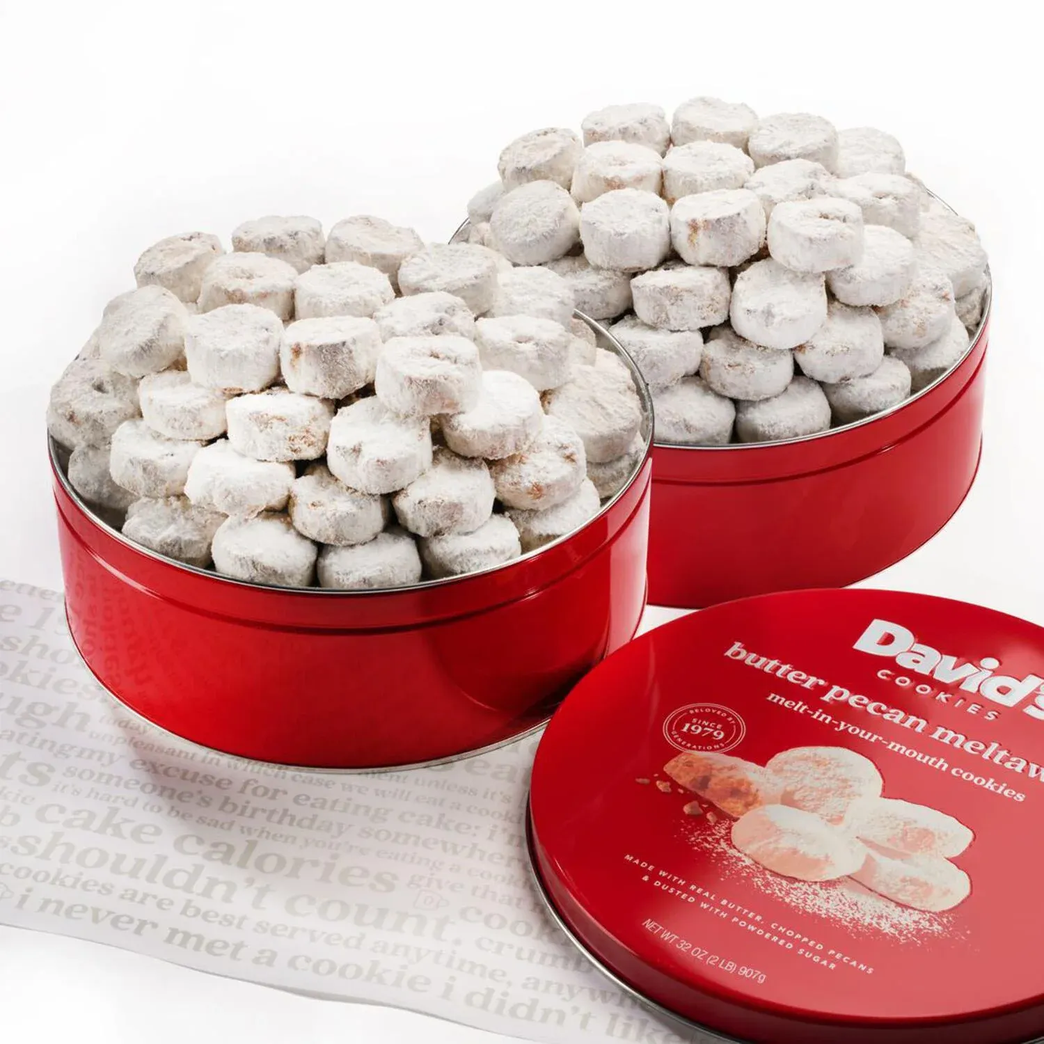 Davids Cookies Butter Pecan Meltaway Pecan Butter Cookies Meltaway Bakery Desserts in Gift Tin, 32 oz 2-Pack