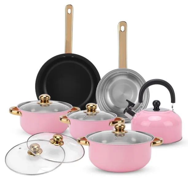 12 Piece Stainless Steel Cookware Set, Nonstick Cookware Set, Kitchen Pots and Pans Tea Kettle Set with Glass Lid for Co