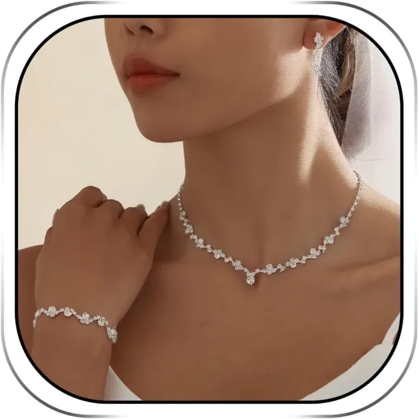 Silver Jewelry Sets for Women Rhinestone Necklace Dangle Earrings Bracelet Set Bridal Wedding Jewelry Sets for Brides Br