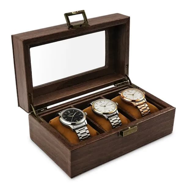 3 Slot Wooden Watch Box with Glass Lid Espresso