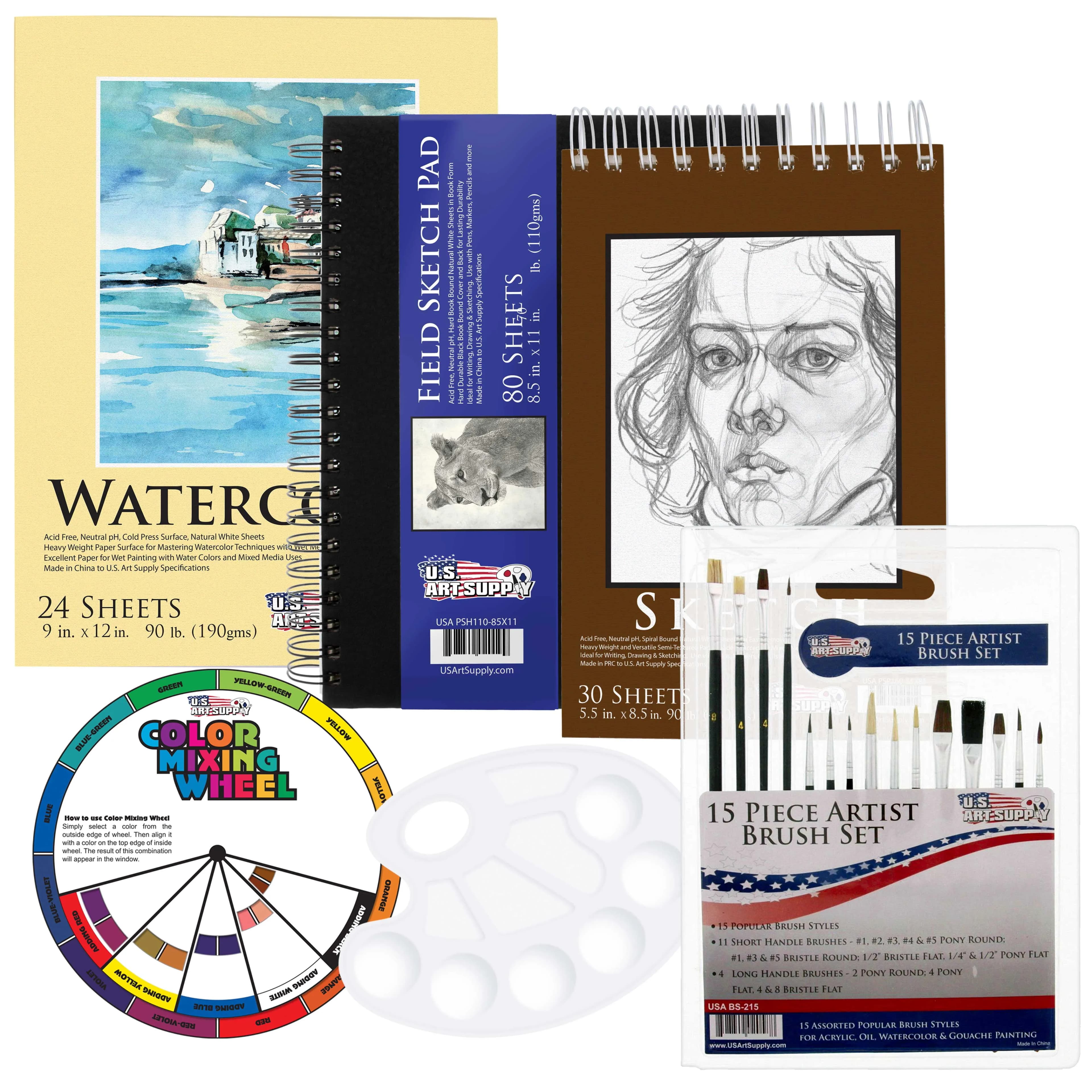 U.S. Art Supply 6 Piece Artist Drawing, Sketch and Painting - Paper and Brush Accessory Pack