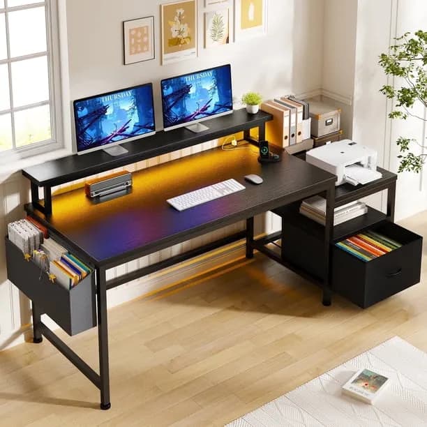 EnHomee 56.5" Computer Desk with Monitor Stand, Office Desk with Fabric File Cabinet, Gaming Computer Desk for Home