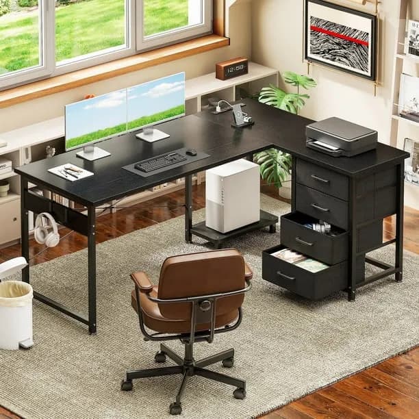 Casacomoda L Shaped Computer Desk with Charging Station, 53 inch PC Table Study Desk 4 Tier Drawers, Modern Simple Style