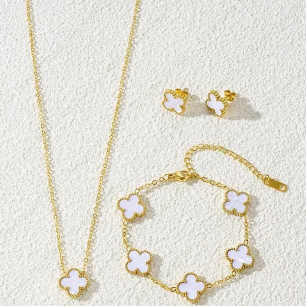 Vintage Lucky Four Leaf Clover Jewelry Set – Gold Chain White Shell Clover Necklace, Bracelet, Earrings, Perfect Jewelry