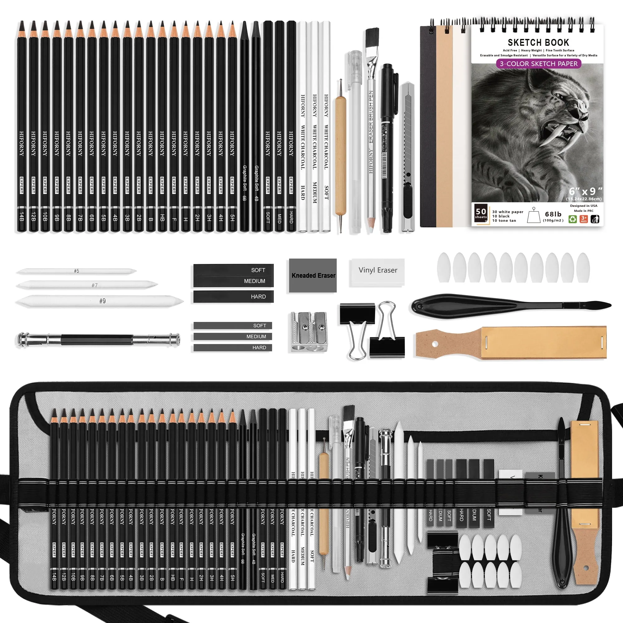 HIFORNY 60 Pcs Drawing Kit Sketching Pencil Set,Sketch Pencils Art Supplies with 3-Color Sketchbook,Graphite,Charcoal,Dr
