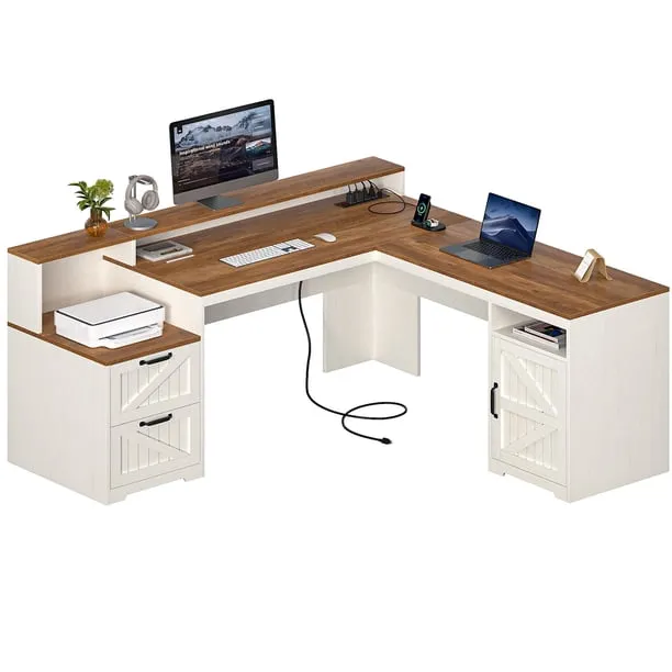 63" Farmhouse L Shaped Executive Desk with Drawers & Storage Shelf, Corner Computer Desk with Power Outlets, L Shaped