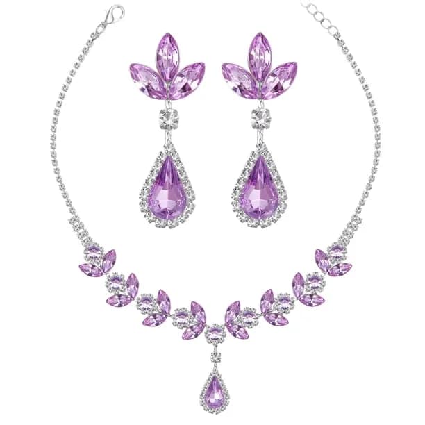 Women Bridal Jewelry Set Teardrop Crystal Necklace Earrings for Bride Bridesmaid Wedding Party Prom Gift-Violet
