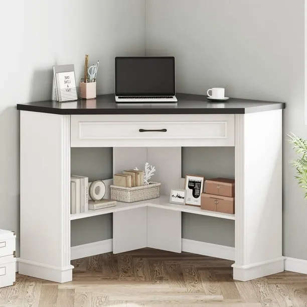 SEDETA Corner Desk for Small Space, 31.5 Inch Triangle Computer Desk with Drawer & Open Shelves for Home Office, Bedroom