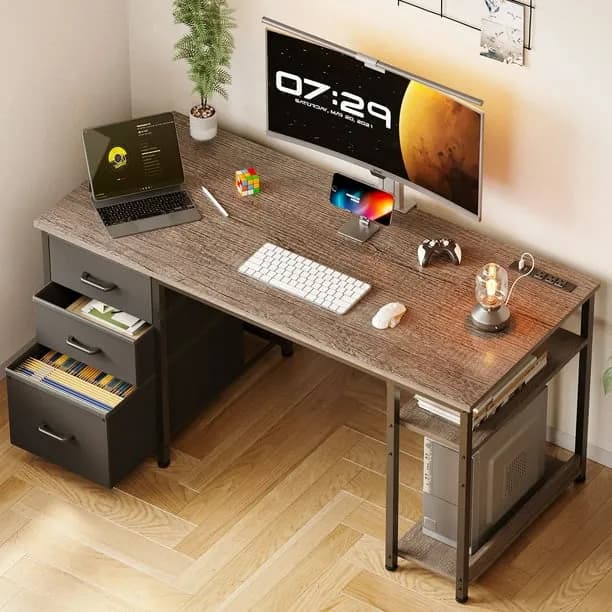 51 Inch Computer Desk with File Drawers & USB Power Outlets- Reversible Home Office Desk with Storage Shelves, Work