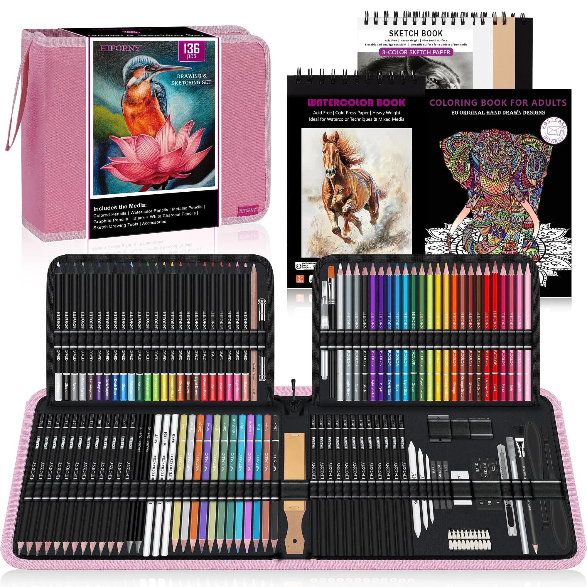 HIFORNY 136 PCS Drawing & Sketching Set,Pro Art Supplies with Graphite,Charcoal, Colored,Watercolor,Metallic