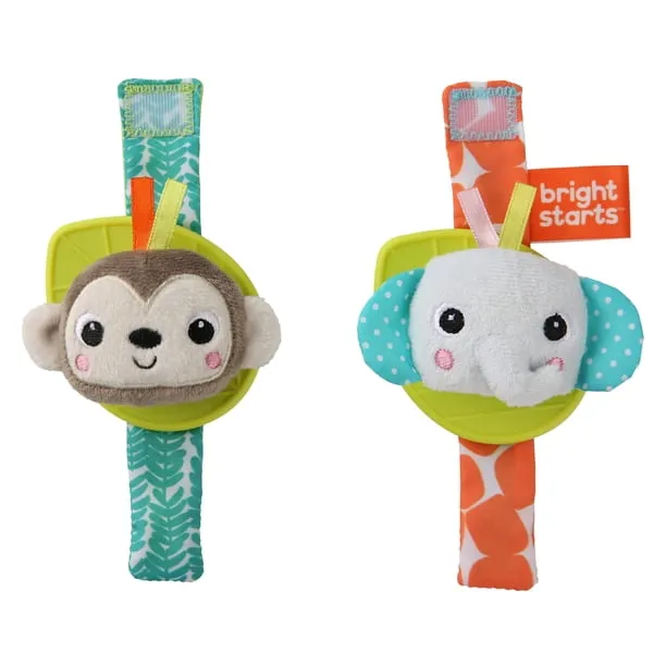 Bright Starts Rattle & Teethe Baby Wrist Pals Toy - Monkey & Elephant, Ages Newborn