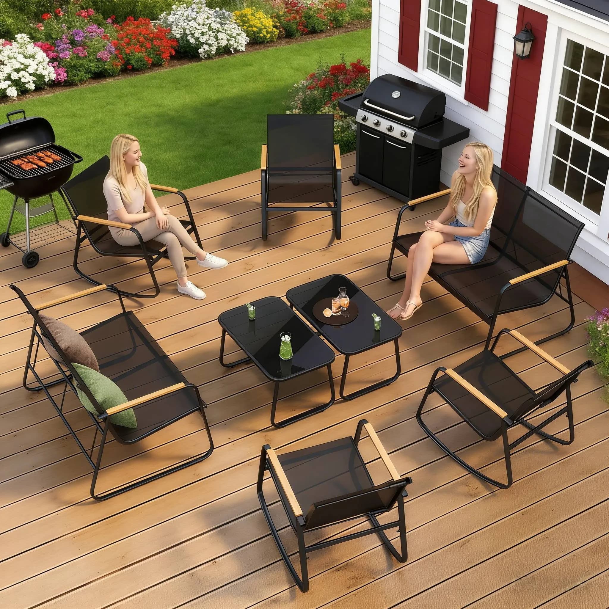 Lofka 8-Piece Patio Furniture Set, Outdoor Conversation Set with 2 Loveseats, 4 Rocking Chairs & 2 Glass Coffee Tables