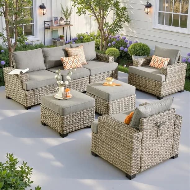 Ovios 7 Pieces Outdoor Patio Furniture Set All-Weather Rattan Wicker Sectional Sofa and Chairs with Ottomans, Dark Gray