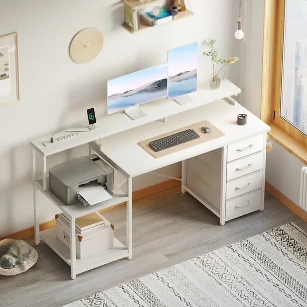 Casacomoda 55 Inch Computer Desk with USB Ports and Power Outlets, Printer Shelf, 4 Drawers & Storage Shelf, Home Office