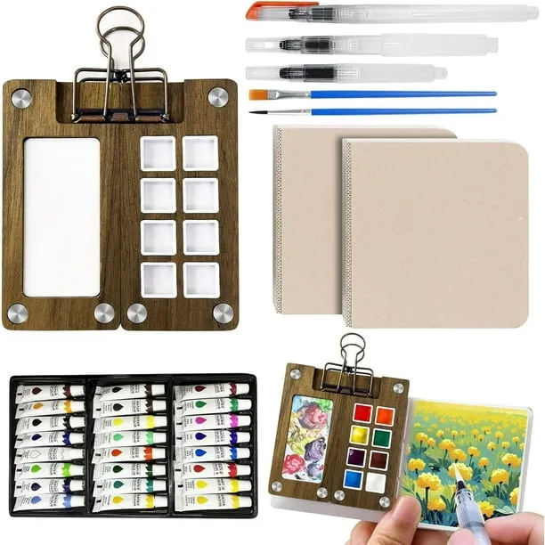 Mini Watercolor Paint Set, Travel Pocket Watercolor Set with Paint, Brush, Sketchbook & Copper Clip