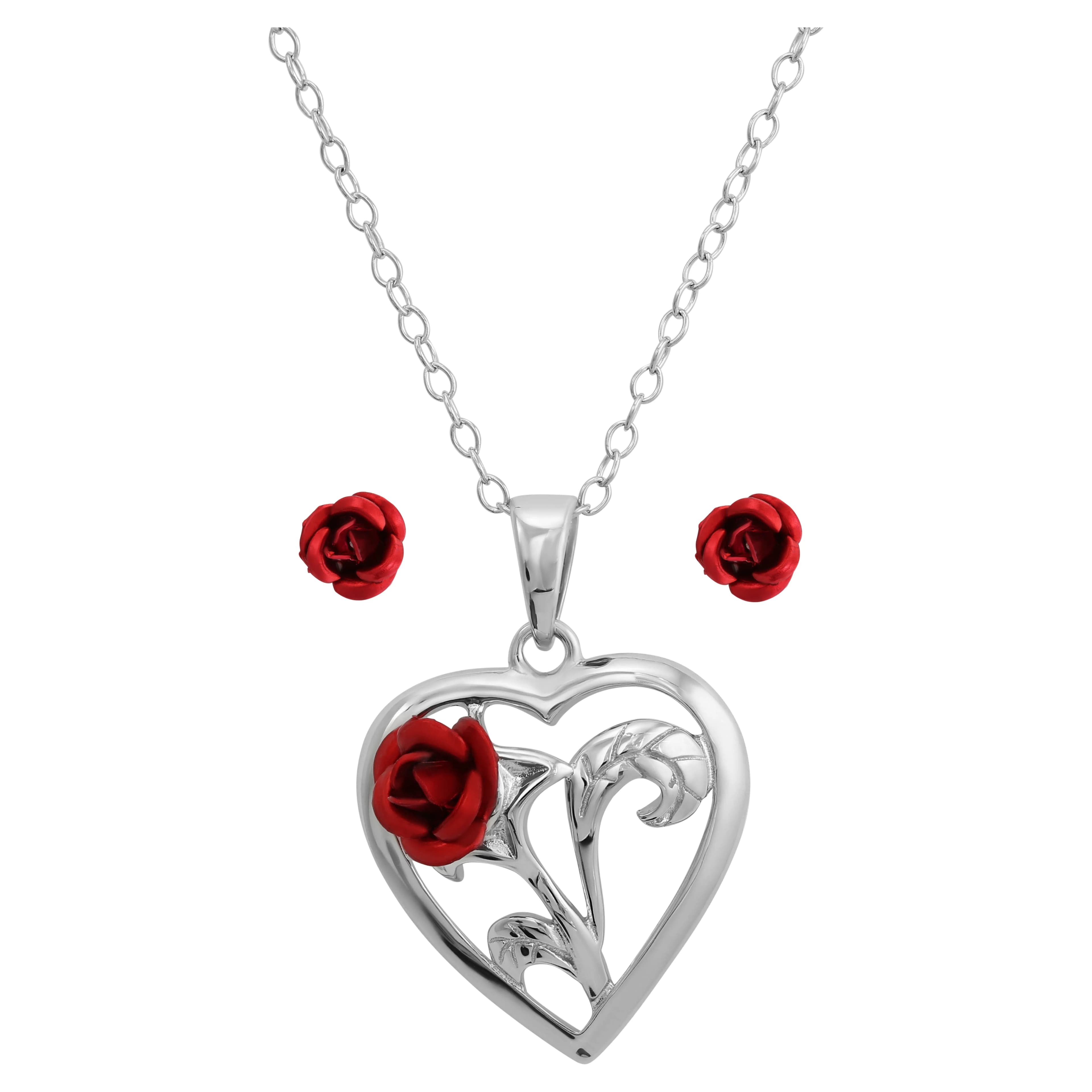 Women's Sterling Silver Red Rose Heart Pendant and Stud Earring Set