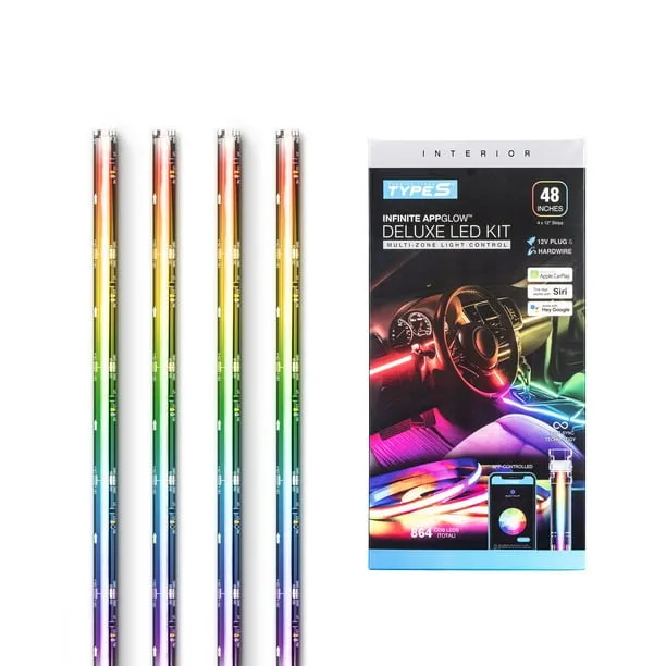 TYPE S - Infinite AppGlow Smart Interior Car LED Light Kit – 4 x 12” RGB Strips, CarPlay, Android Auto, Voice Control