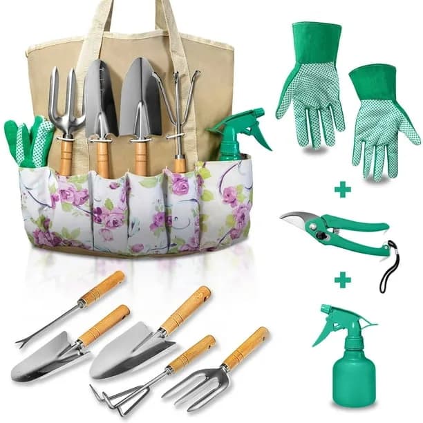 ALLJOY 9 Piece Garden Tools Set with Bag & Gloves,Heavy Duty Gardening Hand Tools Kit,Garden Gifts Supplies for Women Mo