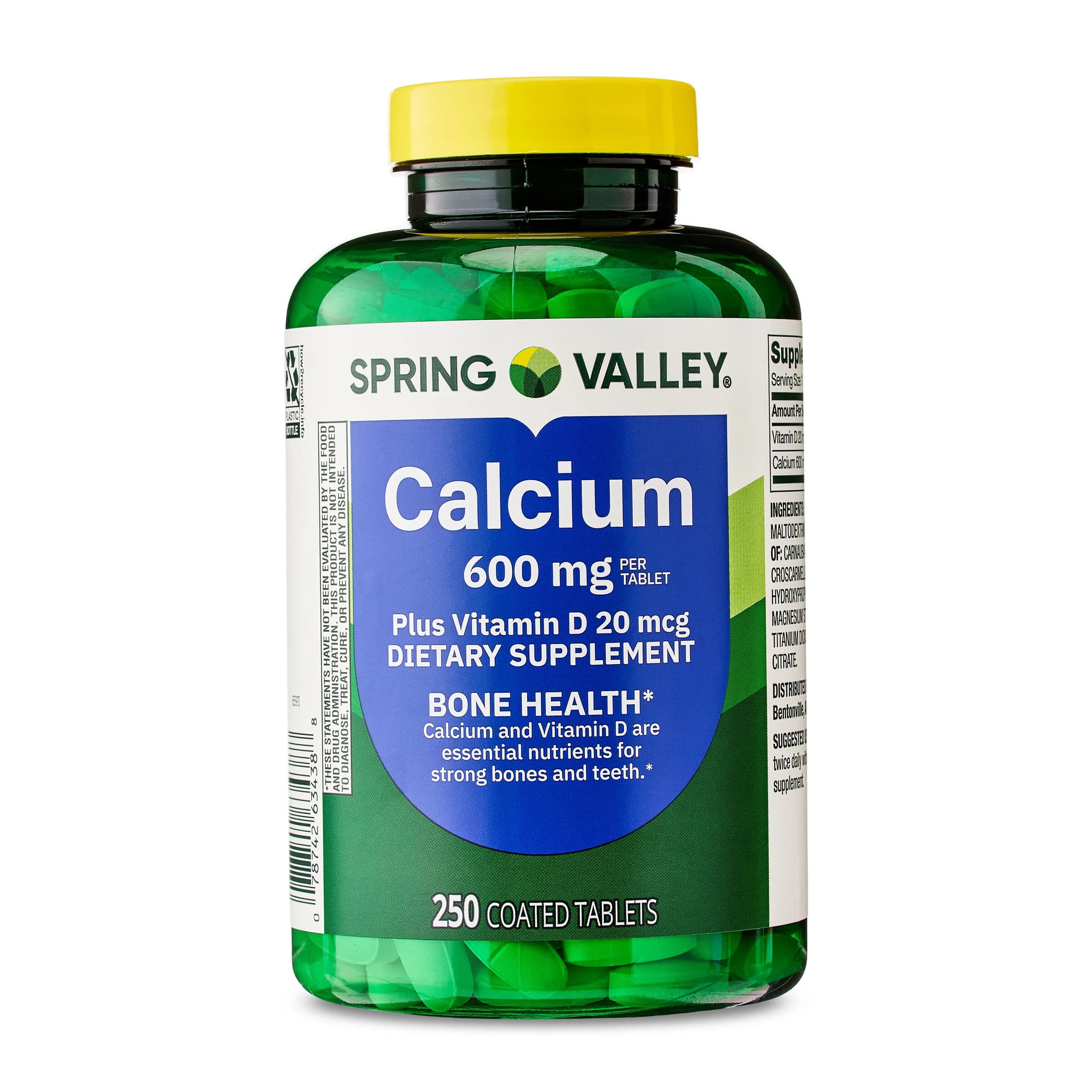 Spring Valley Calcium Plus Vitamin D Tablets, 600 mg, 250 Count, Dietary Supplement