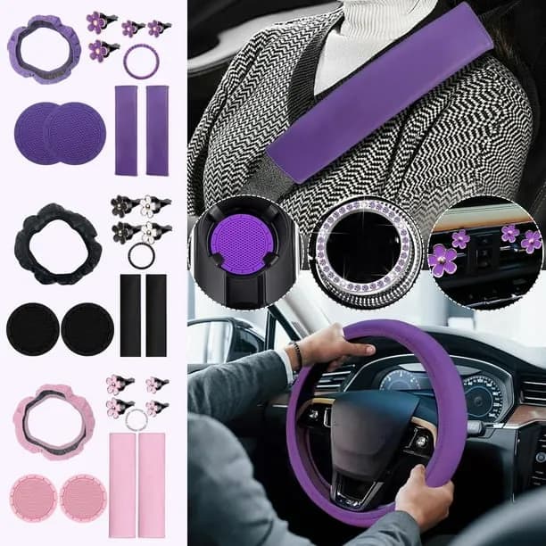 Cute Pink Car Interior Accessories Set for Women – Includes Steering Wheel Cover, Seat Belt Pads, Cup Coasters, Air Vent