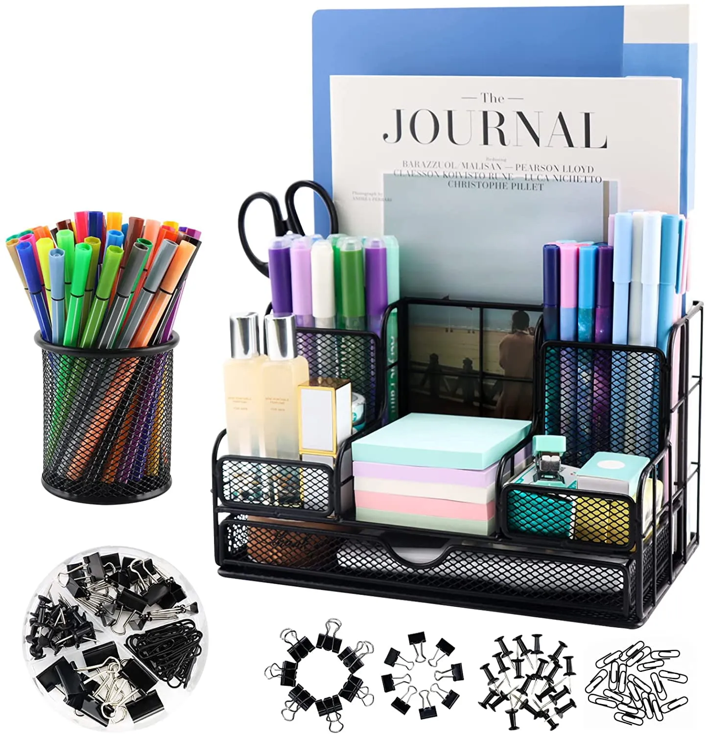 Desk Organizers Caddy and Accessories with 7 Compartments + Pen Holder / 72 Clips Set, Drawer, Black Mesh Office