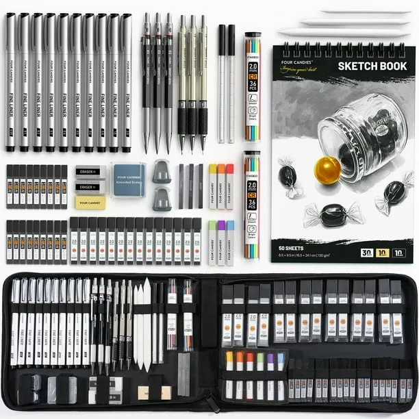 Four Candies 73PCS Advanced Art Supplies Drawing Kit with Fineliner Pens, Mechanical Pencils, 3-Color Sketchbook