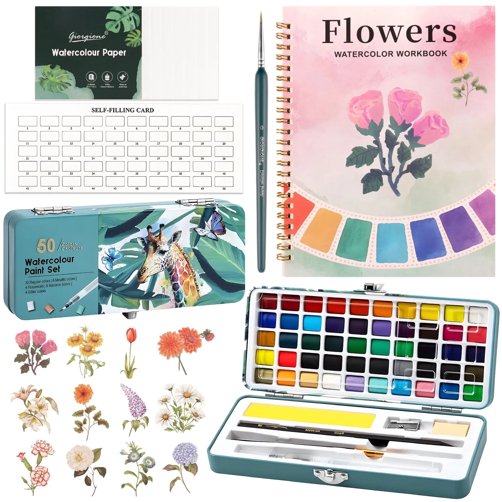 CandWuom Water Color Paint Set, 50 Colors Water Colors Kit with 12 Different Patterns Water Coloring Book, Art Crafts Pa