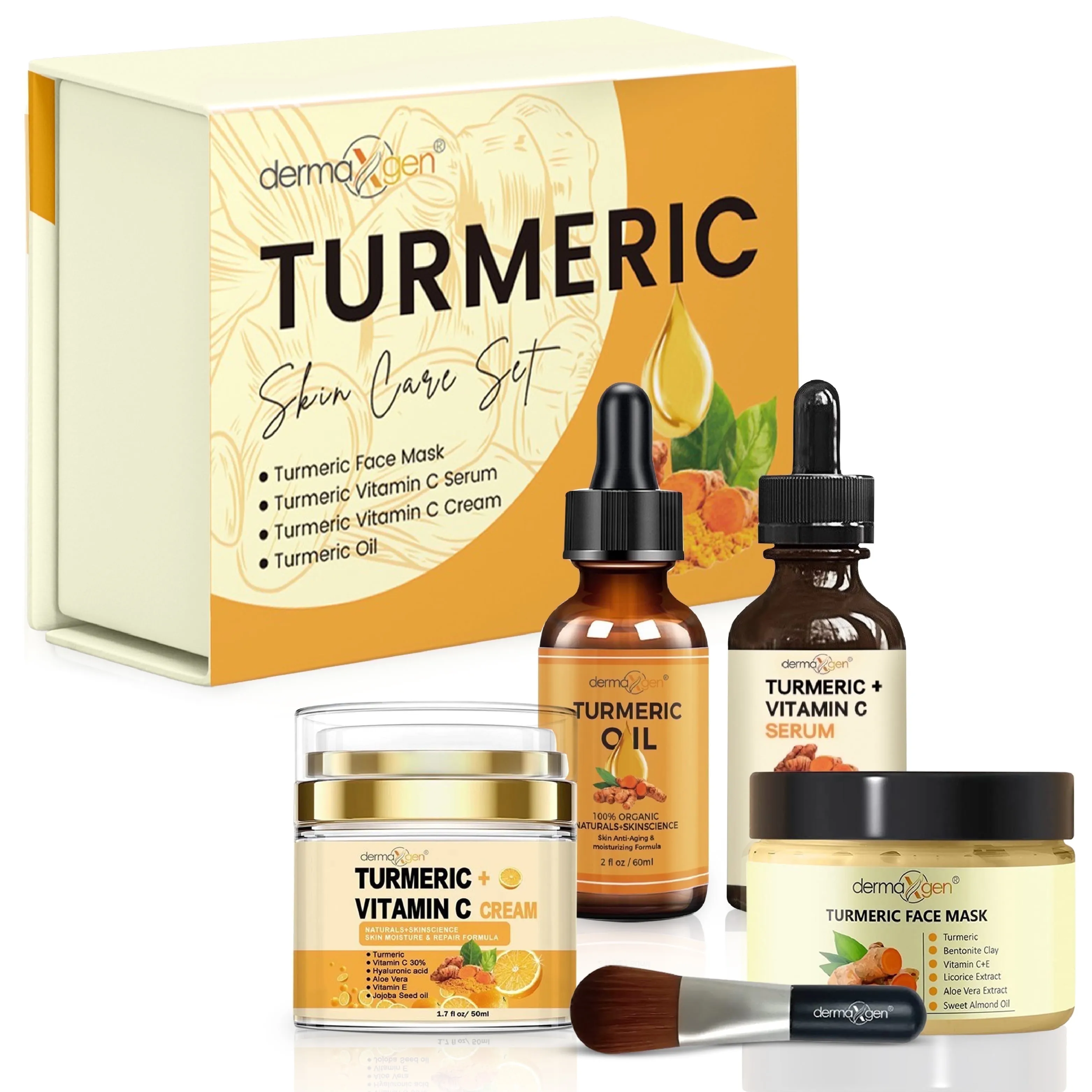 DERMAXGEN Turmeric + 30% Vitamin C Face Glow Boosting Skincare Set Moisturizer, Serum, Oil & Mask Jar with Brush - Norm