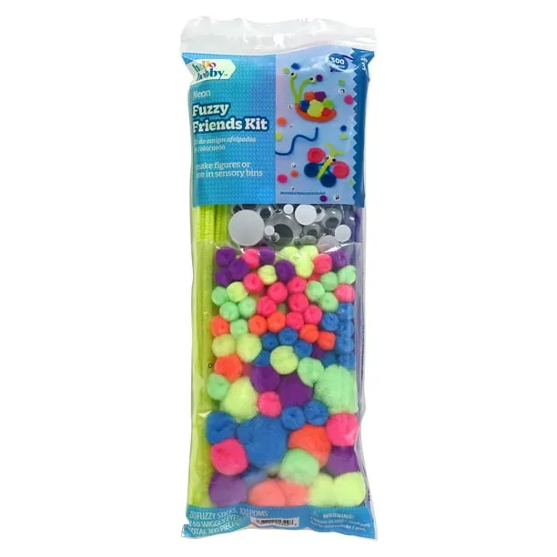 Hello Hobby Fuzzy Craft Kit, 300 Count, Neon Multicolor Chenille Stems and Poms for Kids Crafts and DIY Projects