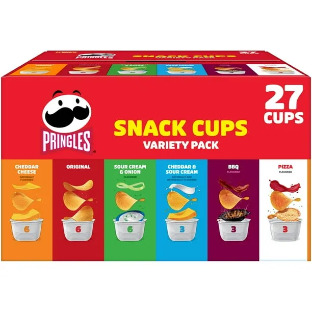 Pringles Snack Cups 6 Flavor Variety Pack Potato Crisps Chips, Lunch Snacks, 27 Count