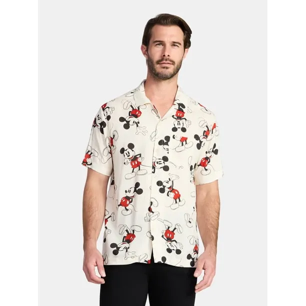 Men's and Big Men's Mickey Mouse Wander Graphic Button-Up Shirt, Sizes XS-5XL