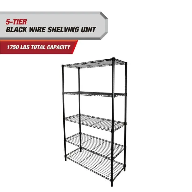 Hyper Tough 5-Tier Wire Storage Shelves, 36" W x 16" D x 72" H, 1750 lb Load Capacity, Black