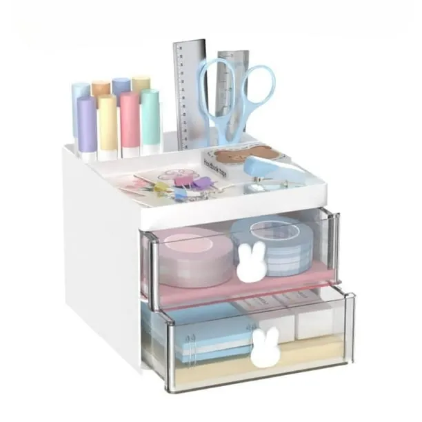INTIGE Desk Organizer with 2 Drawers, Multi-Functional Pencil Pen Holder for Desk Storage with 3 Compartments, Mini Cute