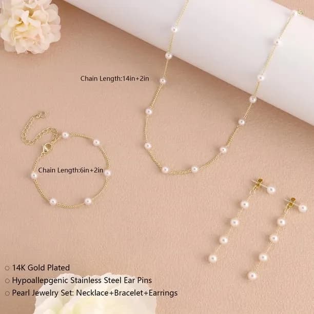 4PCS Gold Jewelry Set for Women, Dainty 14K Gold/Silver Plated Pearl Necklace and Earring Set with Drop Earrings