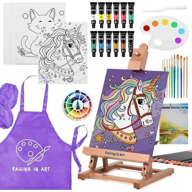 Falling in Art 46-Piece Acrylic Painting Kit with Table Easel, Canvas Panels, Paintbrushes and Supplies, Art Set for Beg