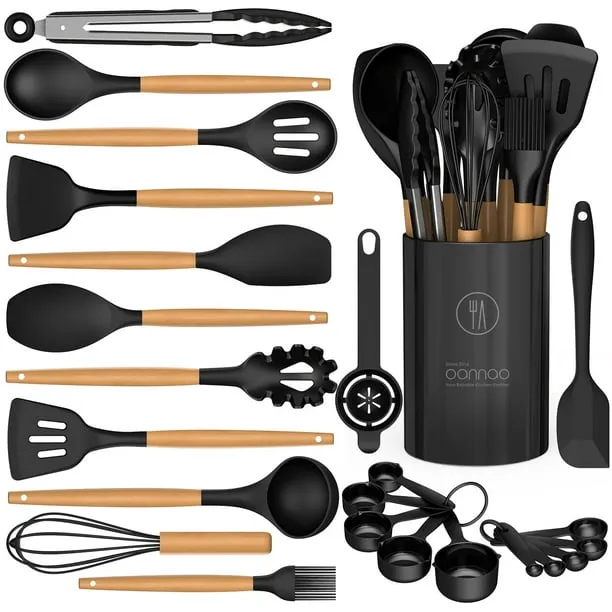 Silicone Cooking Utensils Set - Silicone Kitchen Utensils for Cooking Wooden Handles, 446°F Heat Resistant Kitchen