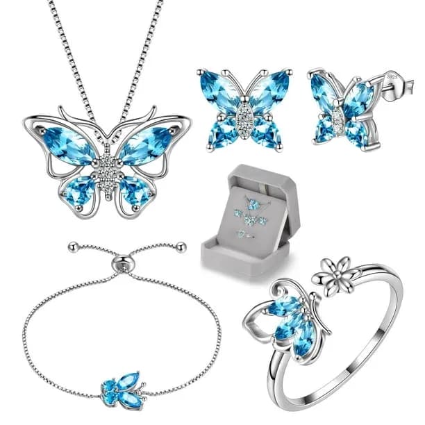 March Birthstone Jewelry Set Blue Butterfly