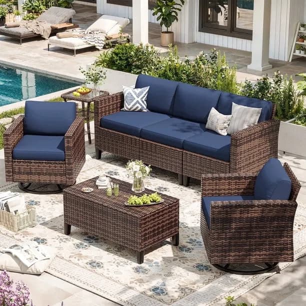 Ampatio 7 Pieces Patio Furniture Outdoor Conversation Set Rattan Wicker Outdoor Sectional Sofa with Swivel Chairs & Coff