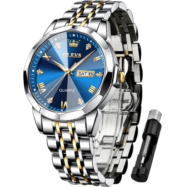 Watch for Men Diamond Business Dress Analog Quartz Stainless Steel Waterproof Luminous Date Two Tone Luxury Casual Wrist