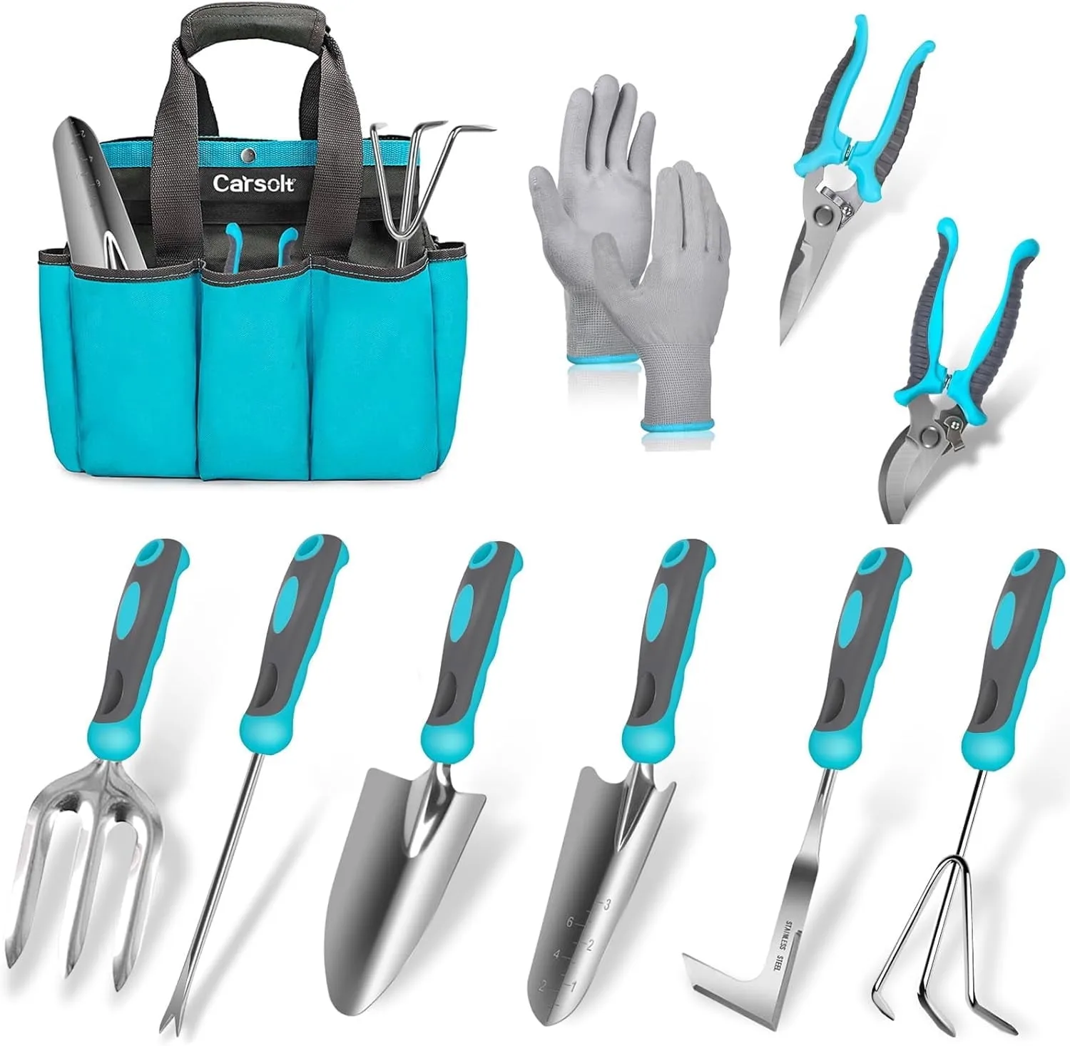 Carsolt 10 Piece Heavy Duty Stainless Steel Garden Tools Set with Ergonomic Rubber Handle. Variety of Gardening Hand Too